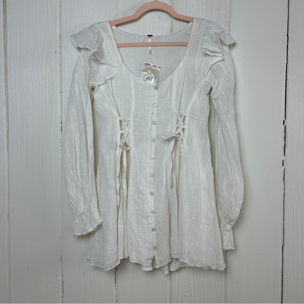 Free People NWT White Gauze Ruffle Mini Dress Size XS renaissance medieval